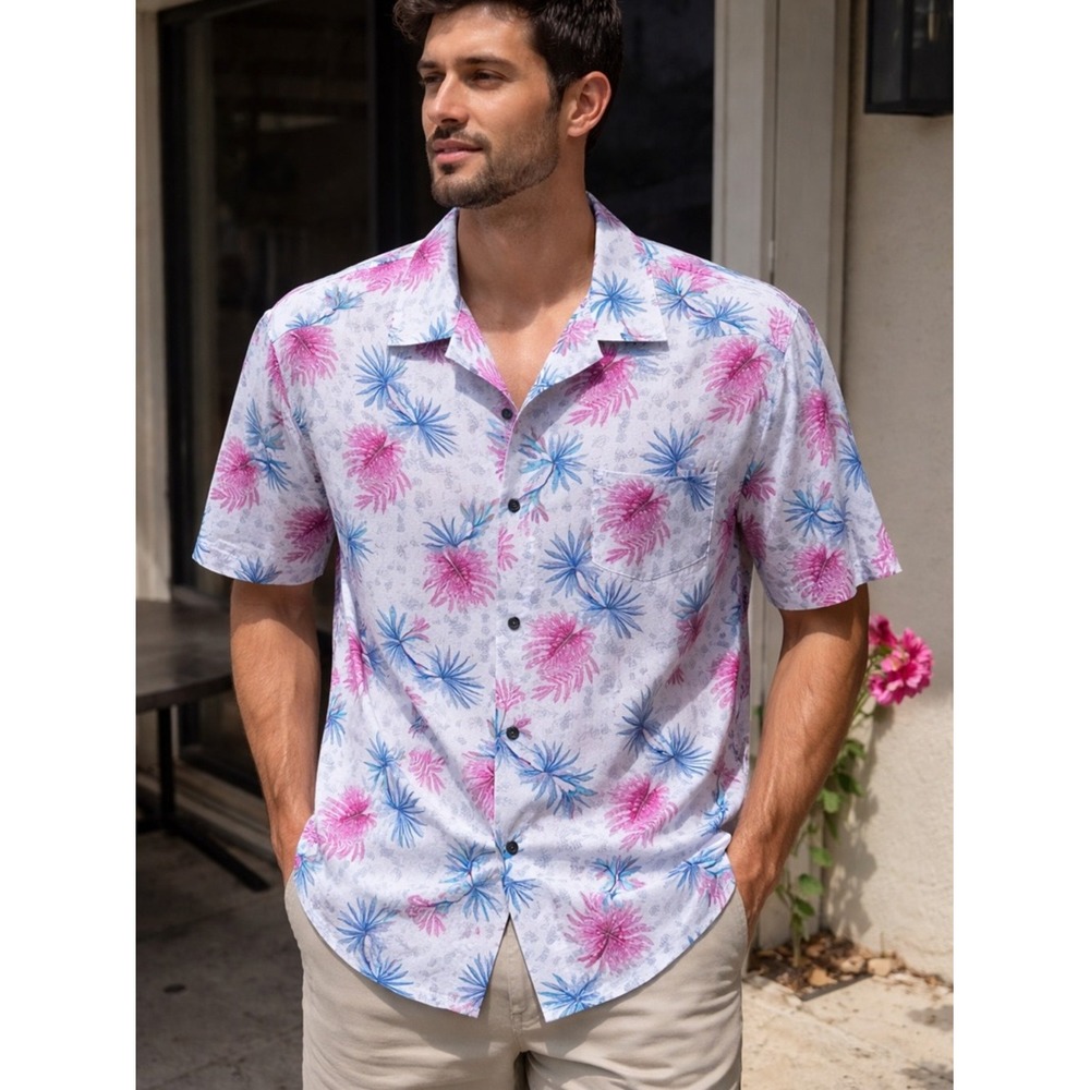 CONSTRUCT.‎ XL. Slim Fit. Lightweight White Tropical Print Shirt. Blue/Pink